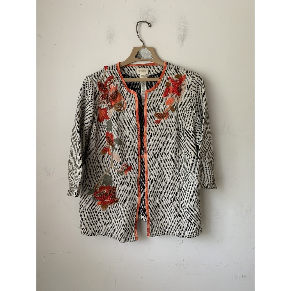 Chicos‎ Womens 2P Petite Floral Embroidered Chevron Jacquard Open Front Jacket